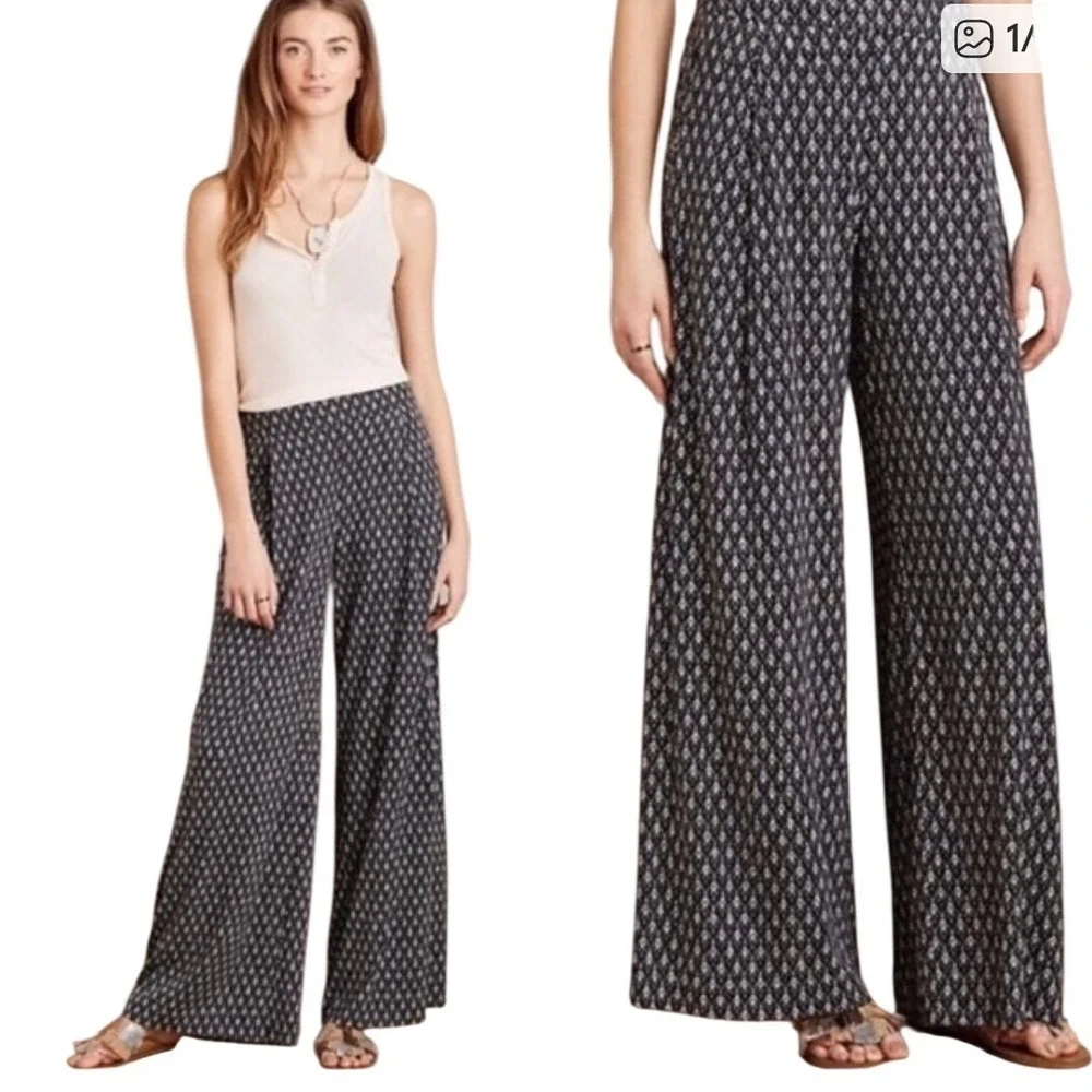 Elevenses Anthropologie Kaimana Wide Leg‎ Palazzo Pants Black White Geometric SP